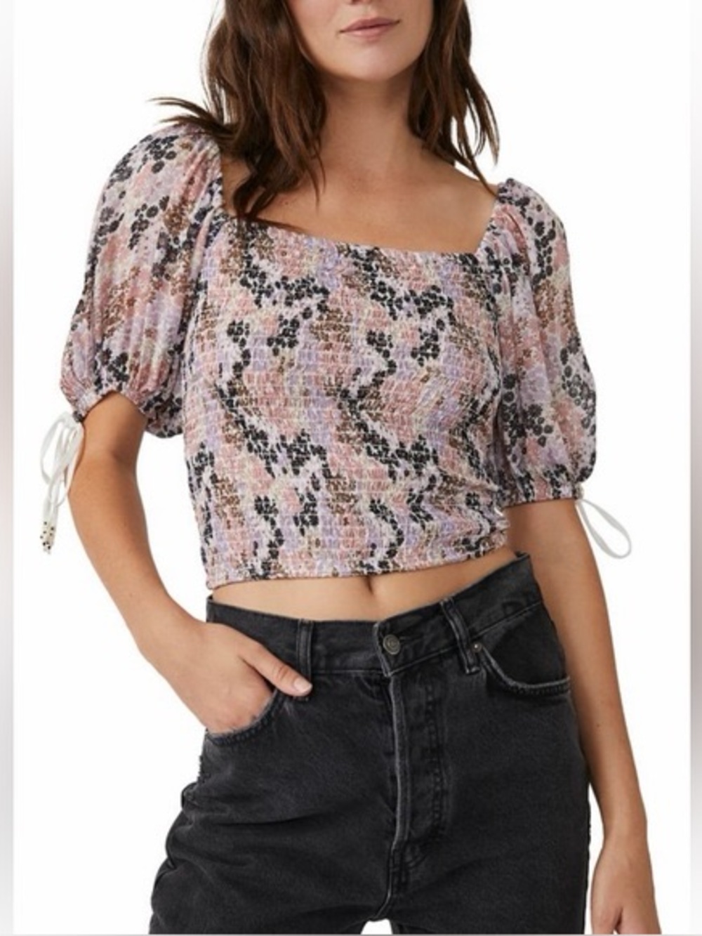 Free People Pink Multi Smocked Square-Neck Puff Sleeve Crop Top